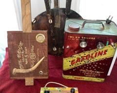 Vintage cigar box guitar (Rocky Patel The Edge) and cigar box amplifier (Romeo Y Julieta) and antique African guitar