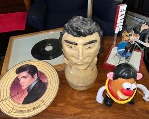 Limited Edition "Jailhouse Rock" plate by Nate Giorgio (The Bradford Exchange), signed Elvis bust pottery, Elvis Mr. Potato Head, Elvis Presley 12-inch 1968 Comeback Special, framed "Love Me Tender" 45