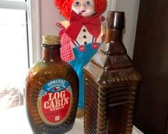 Bicentennial Log Cabin bottle, vintage bitters bottle, vintage Russ Chips porcelain clown with stand
