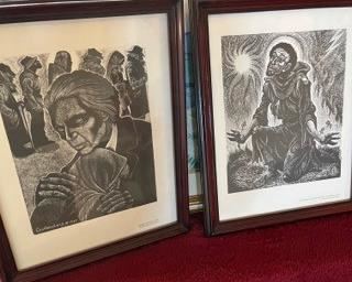 Framed Fritz Eichenberg prints: St. Francis Francis Receiving the Stigmata (1973) and Dorothy Day (1984)