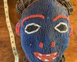 Vintage blue-beaded carved face mask (Bamun Bamileke Cameroon African art)