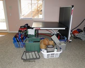 Plastic bins, totes, and storage bags, and buckets, and a one of a kind ping pong table too