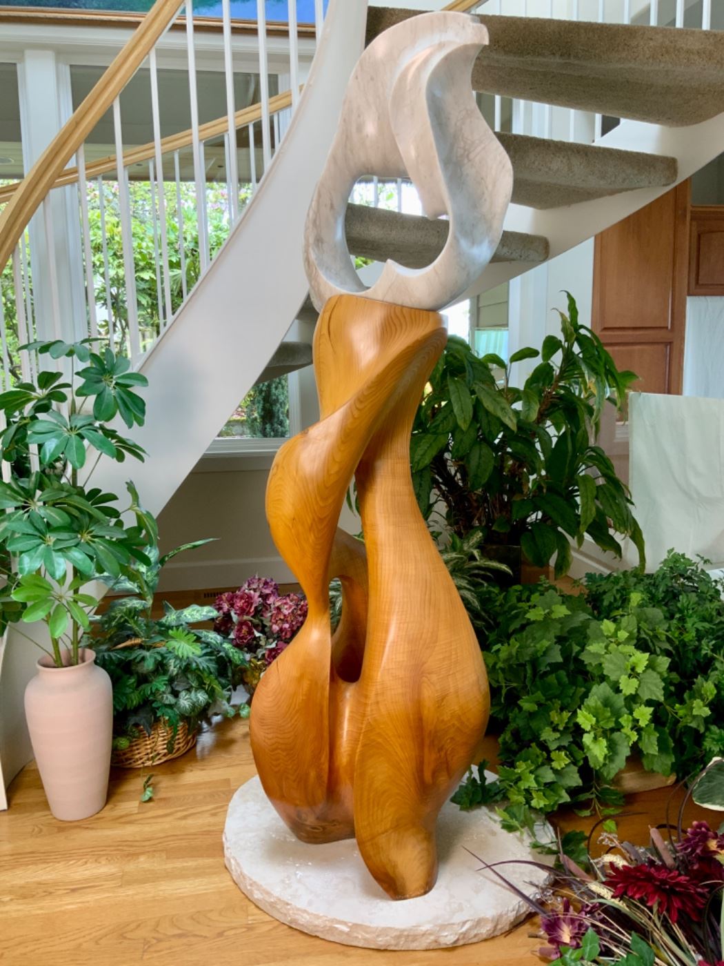 Fine art sculpture by artist/sculptor Bruce Turnbull.  Original art consists of wood and marble.  67” tall.