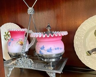 Victorian serving pieces silver and frosted  hand painted glass