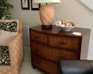 Tera cotta lamp, chest with exotic woods