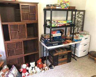 Games, puzzles, truck, storage and shelving 