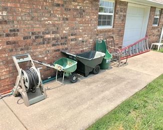 10ft step ladder, yard cart, and hoses 