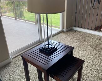 Slatted Nesting Tables With Glass Lamp