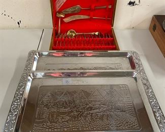 Gold Toned Serveware Two Silver Colored Platters