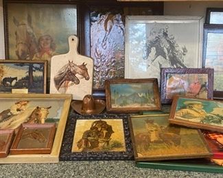 Vintage Horse Prints And Copper Cowboy Hat Decor