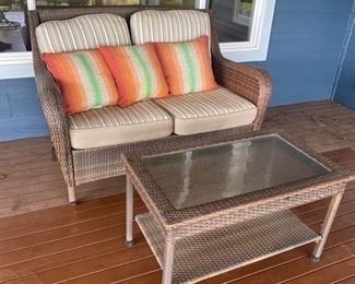 Vinyl Wicker Sofa Etched Glass Coffee Table