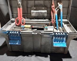 Rubbermaid Toolbox and its contents Screwdriver Snips Pliers and More
