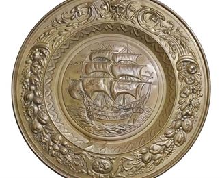 Vintage Brass Wall Plaque with Ship Design