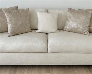 Ethan Allen Feather Blend Upholstered Sofa. Upholstered in a neutral color to match any home decor.  In very good condition with light wear including some light dog hair. 

Measures 89” long x 40” d 