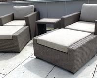 Pair of Patio Chairs with Ottomans and Table. The chairs measure 34x36x35 inches and each ottoman measures 30x34x18 inches. The cushions could use a cleaning but an overall great set! 
