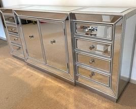 Mirrored Console Cabinet with 8 Drawers, measuring 75x15.5x32 inches. There is some light wear but so very elegant and classy! 
