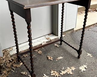 Vintage Wooden Spiral Legged Accent Table that measures 30x18x31 inches.