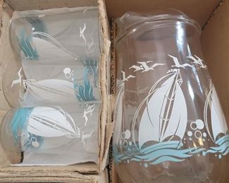 Vintage sailboat glass and pitcher set