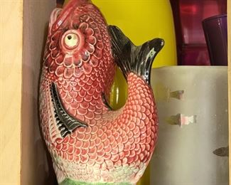 Majolica painted ceramic fish pitcher