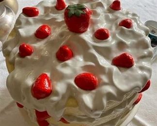 Vintage hand-painted ceramic strawberry shortcake pedestal cake plate with dome lid.