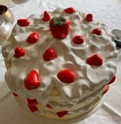 Vintage hand-painted ceramic strawberry shortcake pedestal cake plate with dome lid.