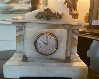 Antique French white marble mantel clock with malachite
