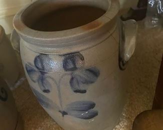 Antique Cobalt Blue Floral Decorated Stoneware Pottery Crocks.