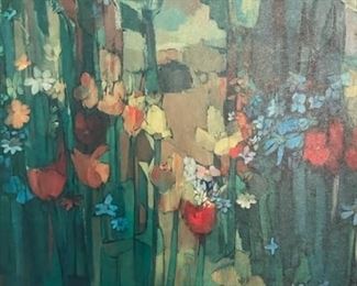 bstract Flower Art by David Porinchak Blue Purple Orange Floral Lithograph - Florescence Replica Painting - 20" x 20" Matted & Framed.