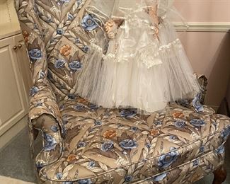 Wing back chair & 1950's Eegee bride doll 