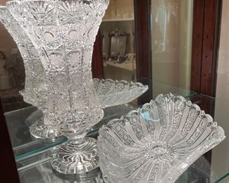 Brilliant cut glass vase & dish
