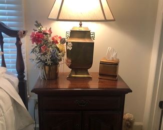 Matching side tables with brass lamps