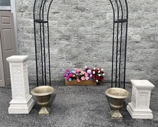 Event planners dream sale.   One of three event arches, one of 12 tall white pedestals, one of 6 small pedestals and a pair of light weight metal urns for events. 