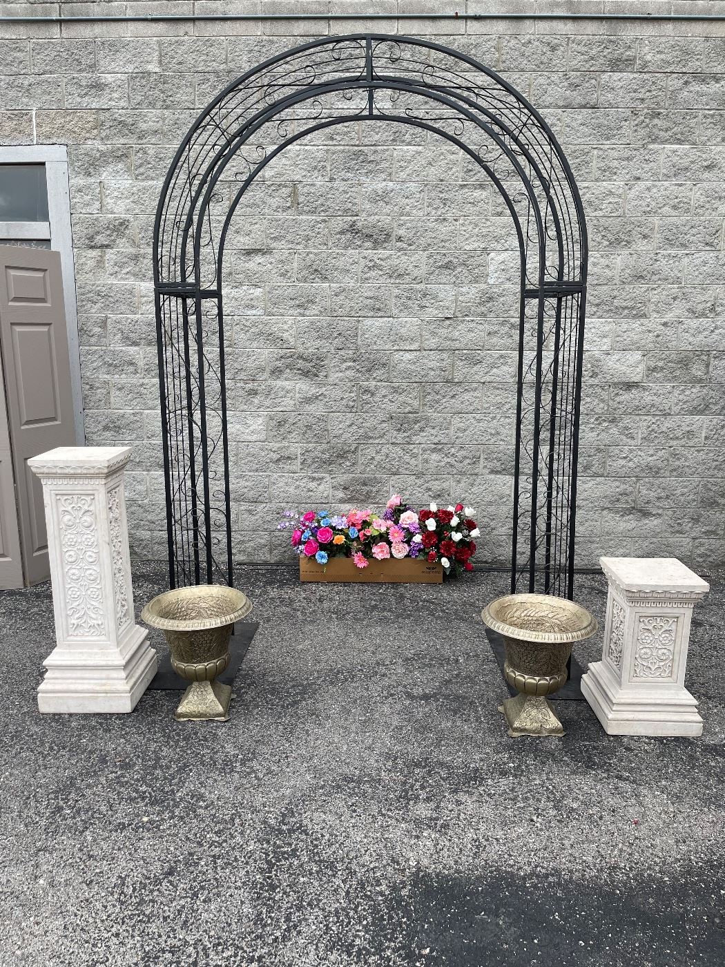 Event planners dream sale.   One of three event arches, one of 12 tall white pedestals, one of 6 small pedestals and a pair of light weight metal urns for events. 