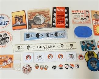 1005 LOT OF MISC BEATLES COLLECTIBLES INCLUDES RINGS (GOERGE HARRISON RING NOT INCLUDED), RULER, MAGNET, 1965 CALENDER, BOOKLET, ETC, AS FOUND