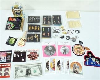 1050 LARGE LOT OF BEATLES COLLECTIBLES MOSTLY CONTEMPORARY INCLUDES MAGNETS, CHRISTMAS ORNAMENTS, WATCH, LIMITED EDITION CLOISONNE PIN SETS, STICKERS, PATCHES, GOLD LEAF TRADING CARDS, ETC