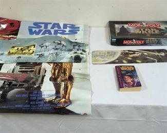1082 STAR WARS LOT INCLUDING PIZZA HUT POSTERS, MONOPOLY GAME AND LUNCH BOX. BOX HAS DENT IN UPPER LEFT CORNER