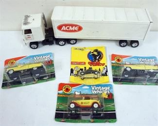 1088 TOY LOT INCLUDING ACME PRESSED STEEL TRACTOR TRAILER AND ERTLE DICK TRACY AND SHOP RITE. VINTAGE CARS