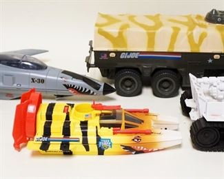 1171 LOT OF HASBRO GI JOE VINTAGE TOYS. LOT INCLUDES 1986 X-30 PLANE APP. 18 1-4 IN L, 1983 7TH TRANSPORT AXP 346824, 1985 SNOW CAT, & 1984 TIGER FORCE. TOYS HAVE WEAR, UNCERTIAN IF COMPLETE