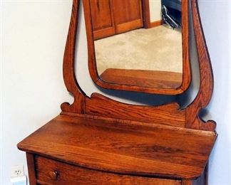 Antique Oak 2-Drawer Dressing Table With Harp Style Tilt Mirror, 67" x 32" x 17"