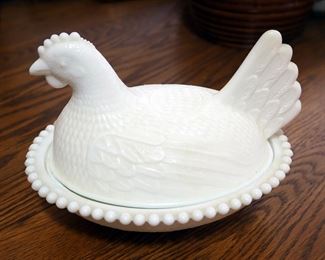 Hobnail Milk Glass 8" Footed Bowl, 4.5" Bud Vase, Opalescent Ruffled Edge Bowls, Qty2, And Hen On Nest