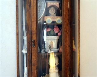 Wood Curio Wall Cabinet, Including Precious Moments Figurines, Collectors Plate, Miniatures And More, 20" x 12.5" x 6.5"