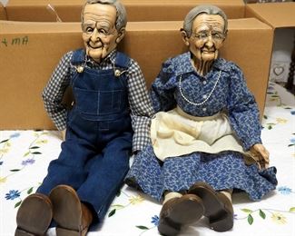 Handmade Grandma And Grandpa Dolls, 25" Tall, Painted Ceramic Heads Hands And Feet