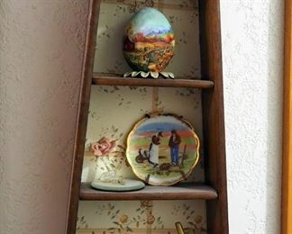Tiered Wall Shelf With Drawer, 16" x 7" , Including Hand Painted Egg, Mini Apple And Tea Kettle,
