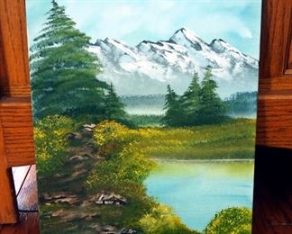 Hand Painted Oil On Canvas, Mountain Cabin, 18" x 24", Mountain Pond, 14" x 11", And Farmhouse, 15" Dia