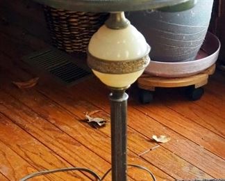 Antique Brass And Slag Glass Lighted Smokers Stand, 34" Tall