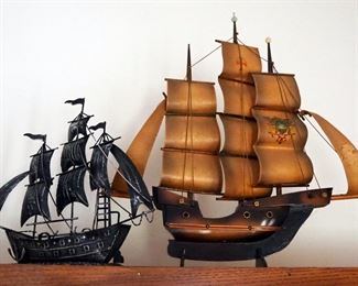 Wood Model Templars Ship, 18" x 17" And Metal Ship Model, 10" x 8"