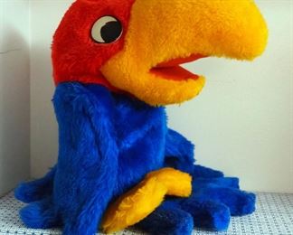Country Critters Kansas University Jayhawk Plush Puppet, Painted Cast Iron Jayhawk And Ceramic Planter