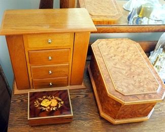 Bird's Eye Veneered Jewelry Chest With Key 6" x 12" x 8", Three Drawer Jewelry Box 11" x 11" x 5.5", And Italian Jewelry Music Box - Plays Edelweiss