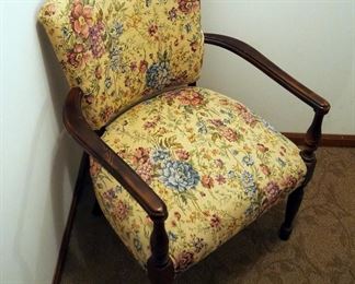 Antique Upholstered Armchair With Turned Legs, 33" x 24" x 20"