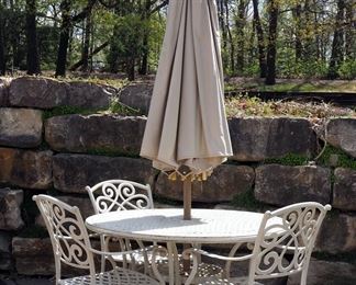 Round Metal Patio Table, 28.5" x 51", With Chairs, Qty 3, Umbrella And Stand